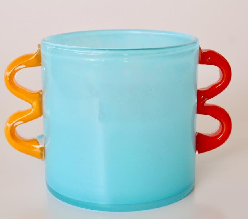 AQUA BLUE GLASS VASE ORANGE HANDLES  15X21X15CM